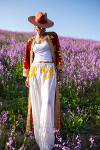 Atlas Yellow Embroidered Cotton Lace Wide Leg Pants