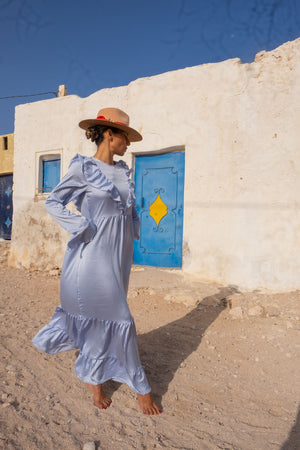 Tisdrin Ruffled Satin Light Blue Maxi Dress