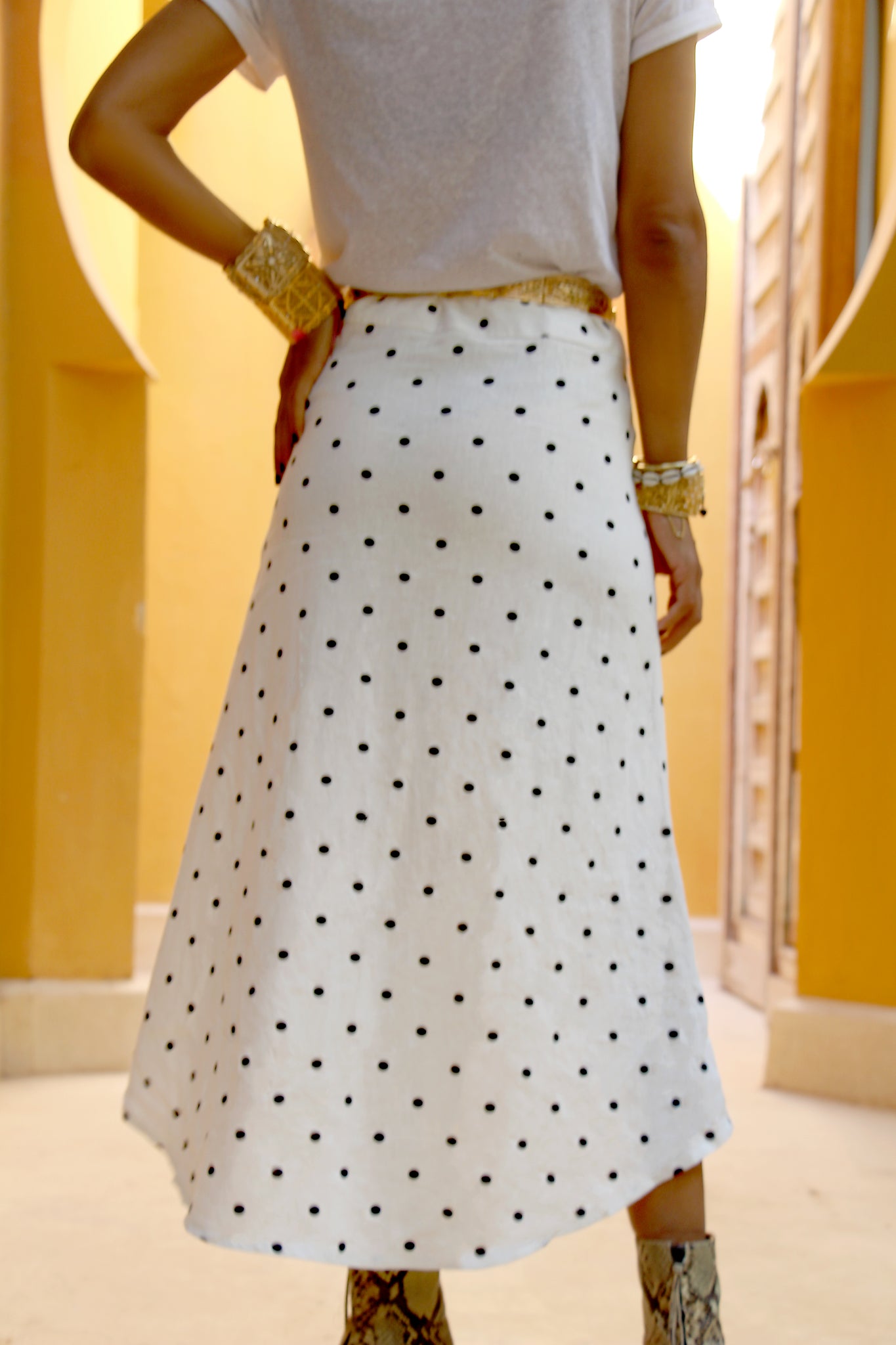 Tazenkwêt Linen Asymmetric Polka-Dot Midi Skirt