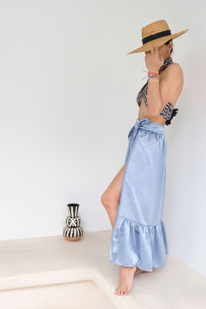 Immerse In Historical Anfa Blue Pastel Silk-Satin Wrap Maxi Skirt