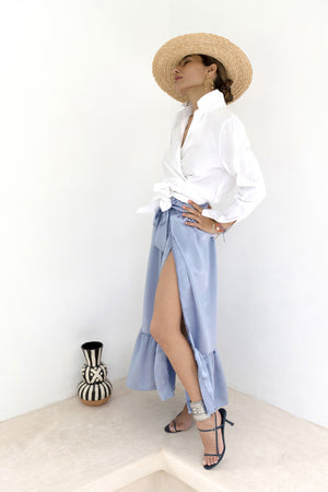 Immerse In Historical Anfa Blue Pastel Silk-Satin Wrap Maxi Skirt
