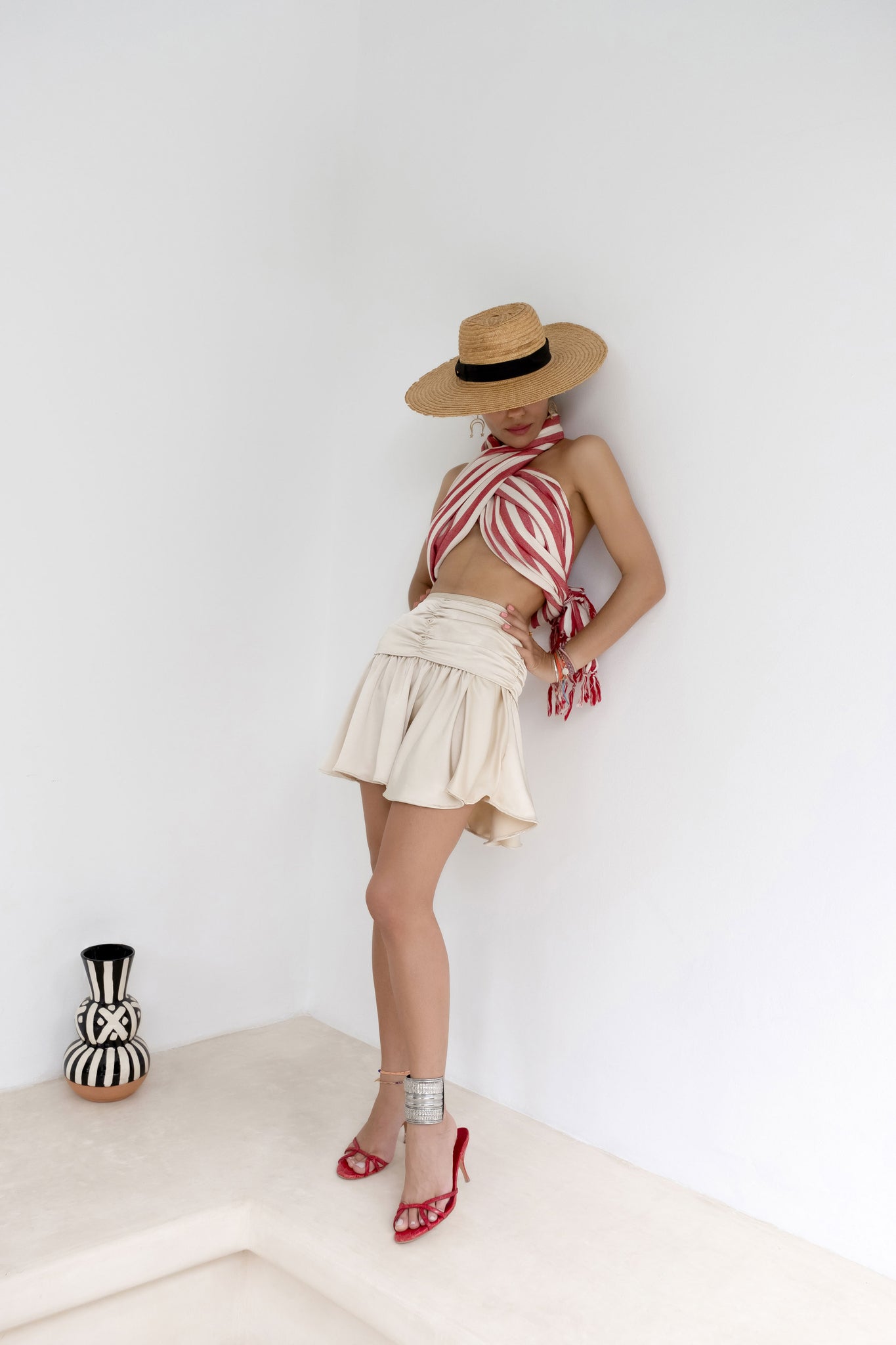 Discover The Central Market Beige Silk-Satin Fluted Skirt