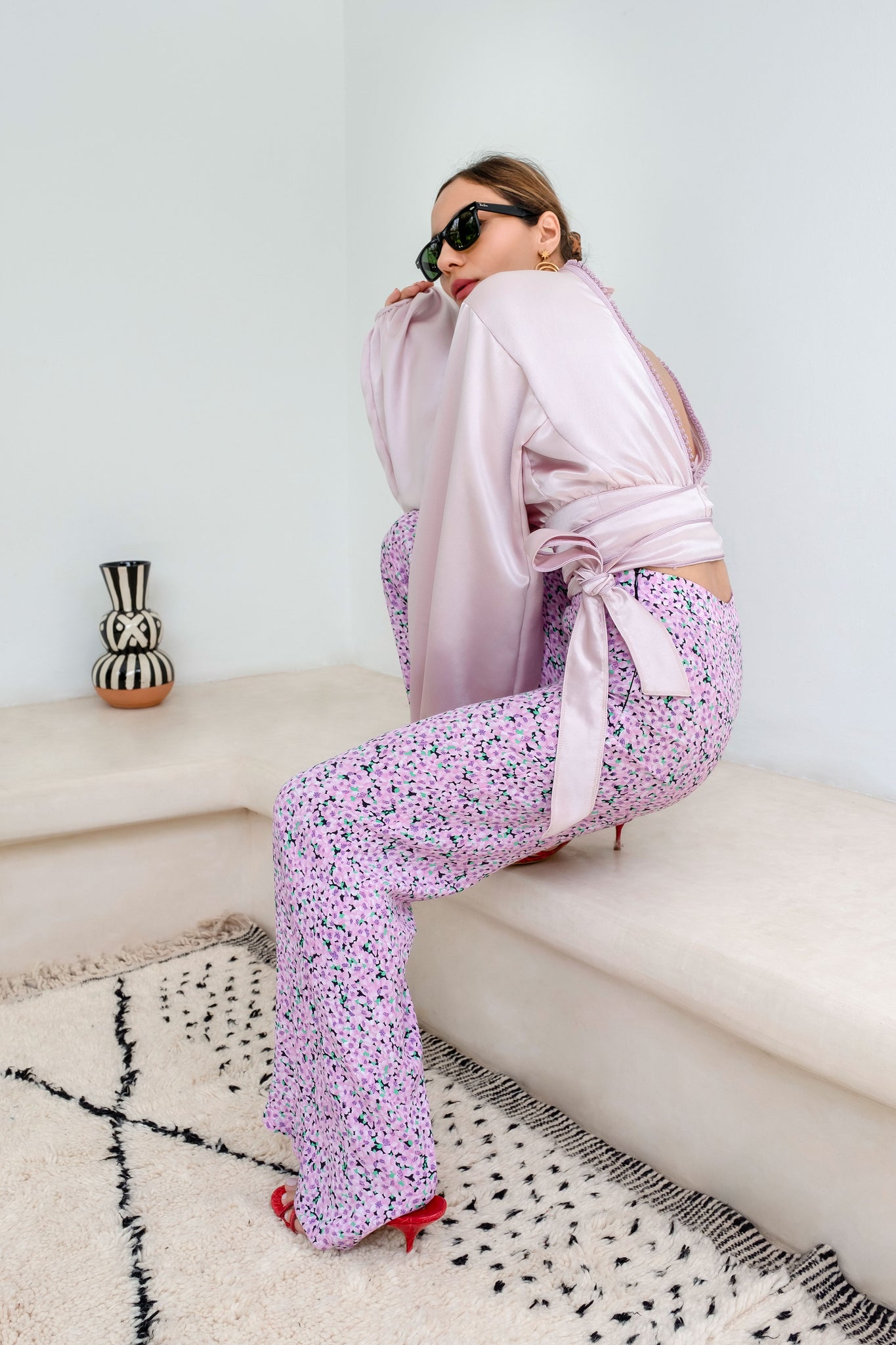 Get Lost in the Old Medina Pink Pastel Open-Back Silk-Satin Wrap Blouse
