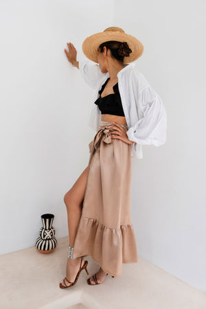Walk in Arab League Park Brown Silk-Satin Wrap Maxi Skirt