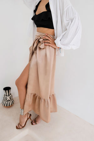 Walk in Arab League Park Brown Silk-Satin Wrap Maxi Skirt