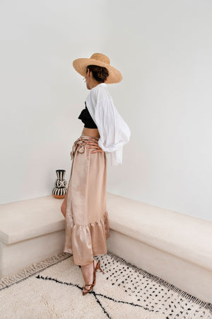 Walk in Arab League Park Brown Silk-Satin Wrap Maxi Skirt