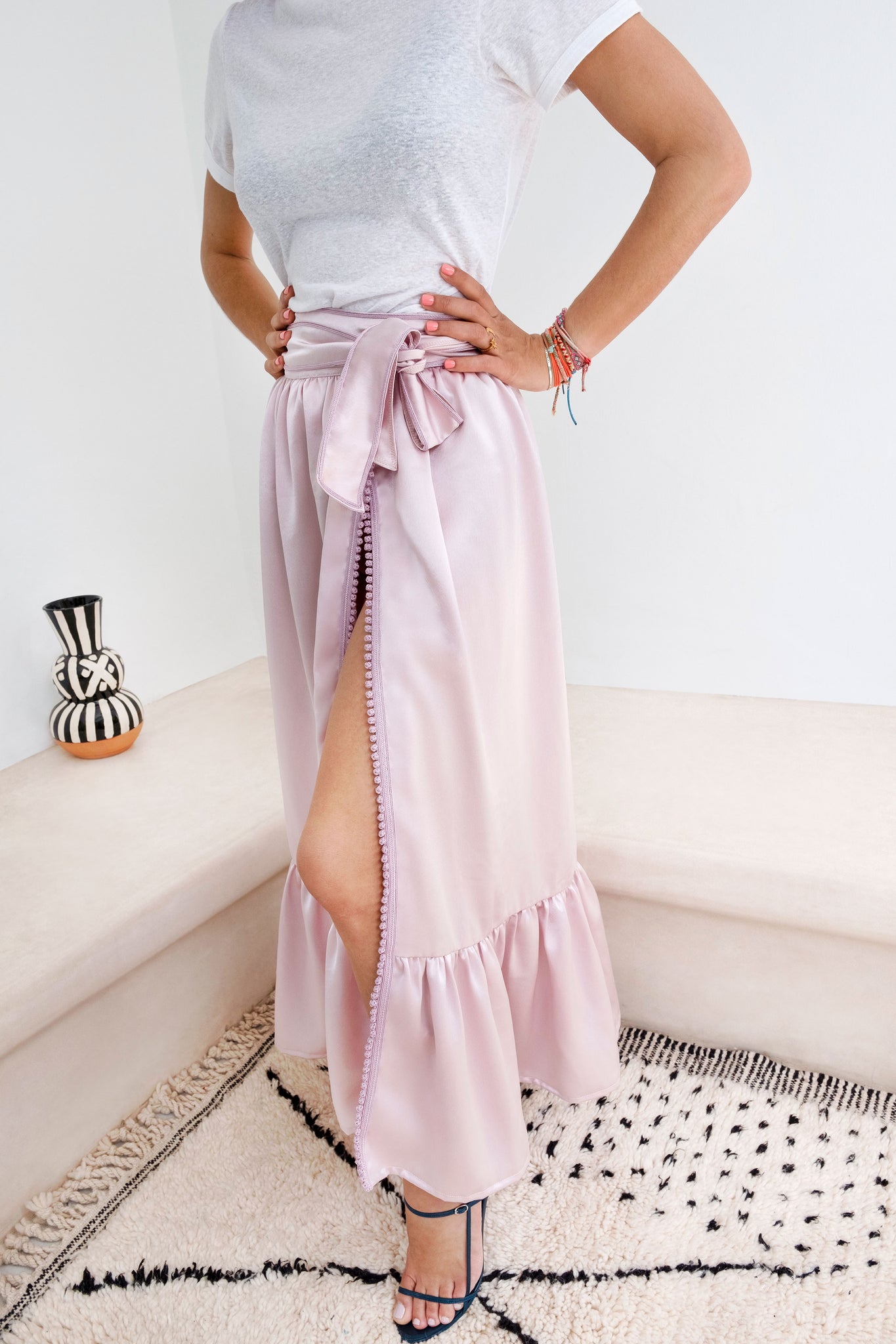 Shopping in Habous Pink Pastel Silk-Satin Wrap Maxi Skirt