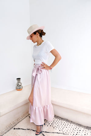 Shopping in Habous Pink Pastel Silk-Satin Wrap Maxi Skirt