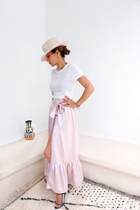 Shopping in Habous Pink Pastel Silk-Satin Wrap Maxi Skirt