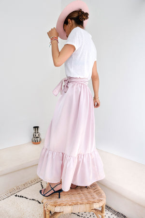 Shopping in Habous Pink Pastel Silk-Satin Wrap Maxi Skirt