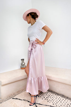 Shopping in Habous Pink Pastel Silk-Satin Wrap Maxi Skirt