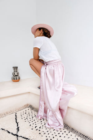 Shopping in Habous Pink Pastel Silk-Satin Wrap Maxi Skirt