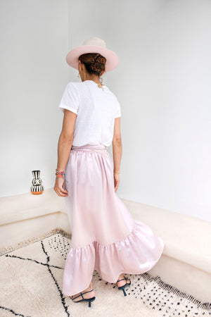 Shopping in Habous Pink Pastel Silk-Satin Wrap Maxi Skirt