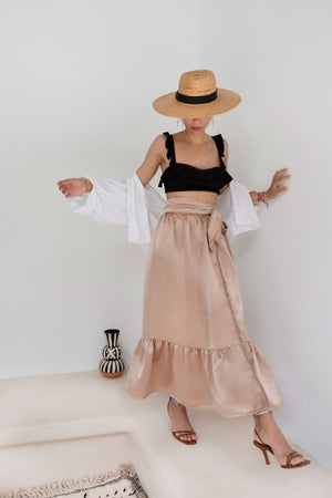 Walk in Arab League Park Brown Silk-Satin Wrap Maxi Skirt