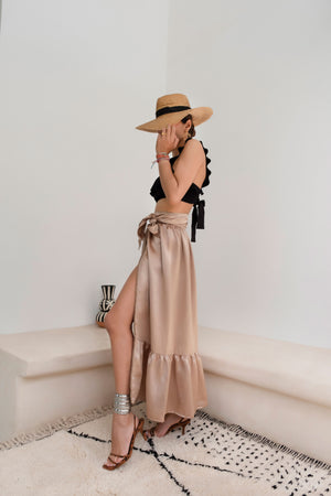 Walk in Arab League Park Brown Silk-Satin Wrap Maxi Skirt