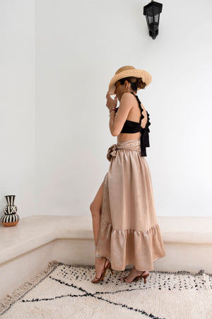 Walk in Arab League Park Brown Silk-Satin Wrap Maxi Skirt