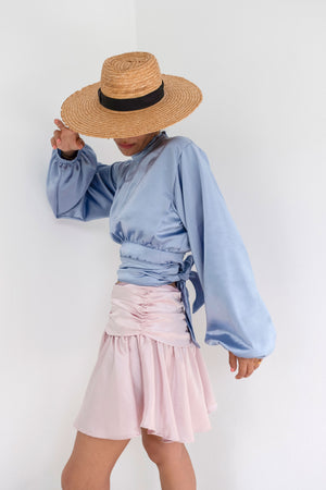 Oasis Blue Pastel Open-Back Silk-Satin Wrap Blouse