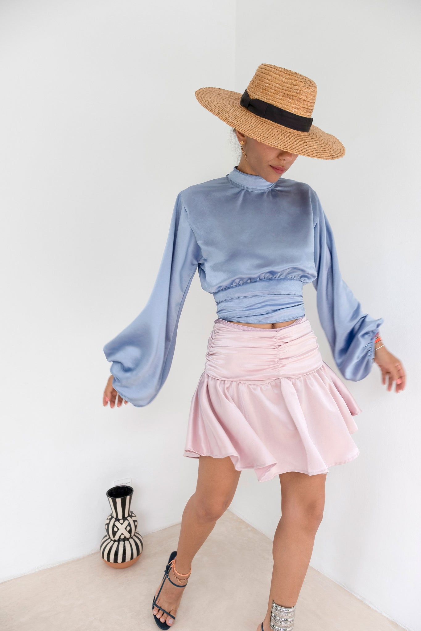 Lunch at la Sqala Pink Pastel Silk-Satin Fluted Skirt