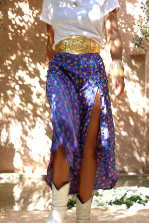 Thafrara﻿ Blue Silk Asymmetric Midi Skirt